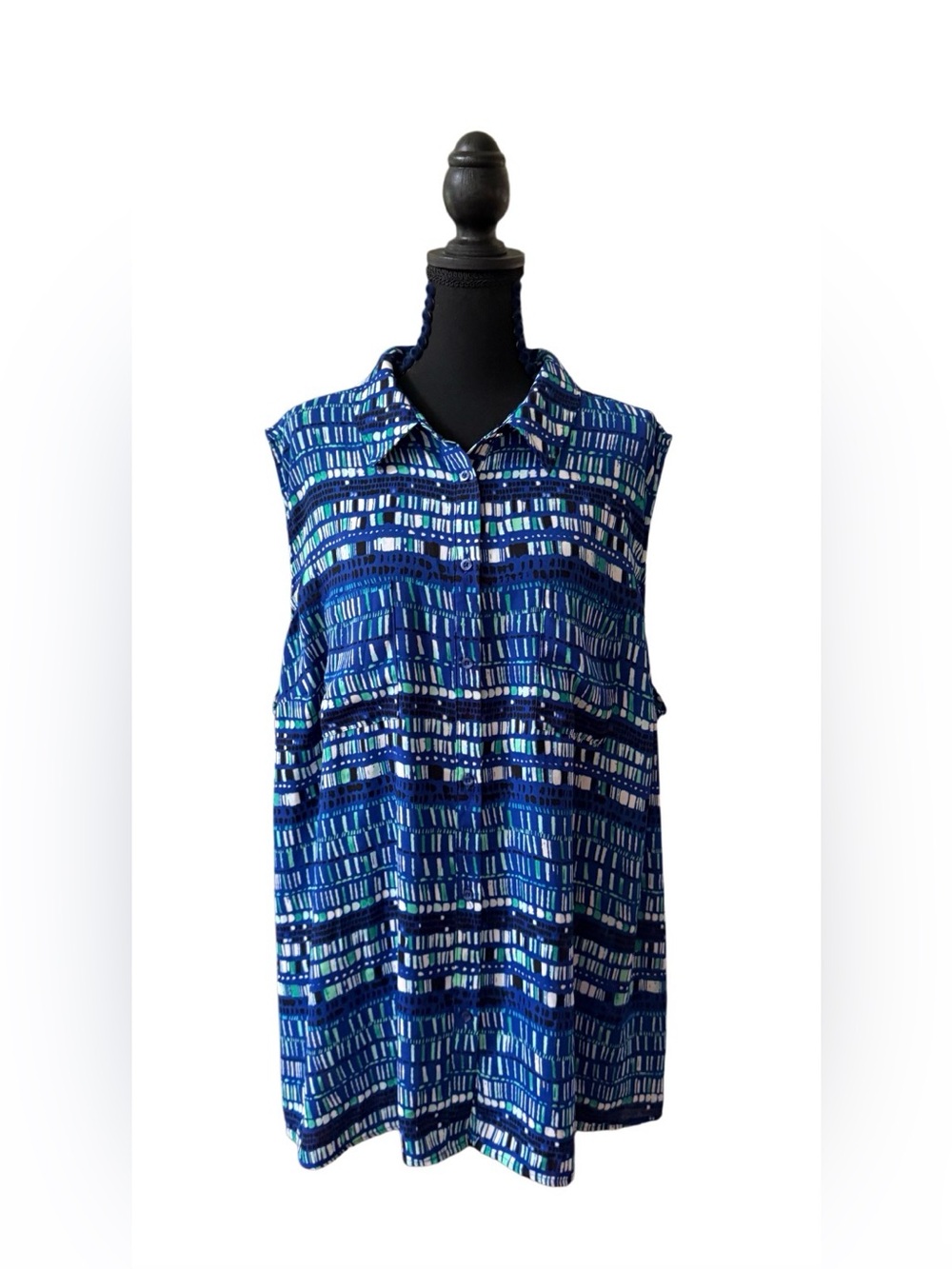 Apt. 9 Sleeveless Collared Blue Multi-Stripe Tunic